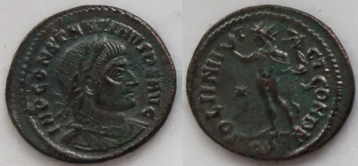 Nummus de Constantino I. SOLI INVICT COM DN. Sol nicéforo a izq. Roma C19a