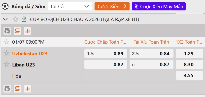 Tỷ lệ kèo&nbsp;U23 Uzbekistan vs U23 Lebanon