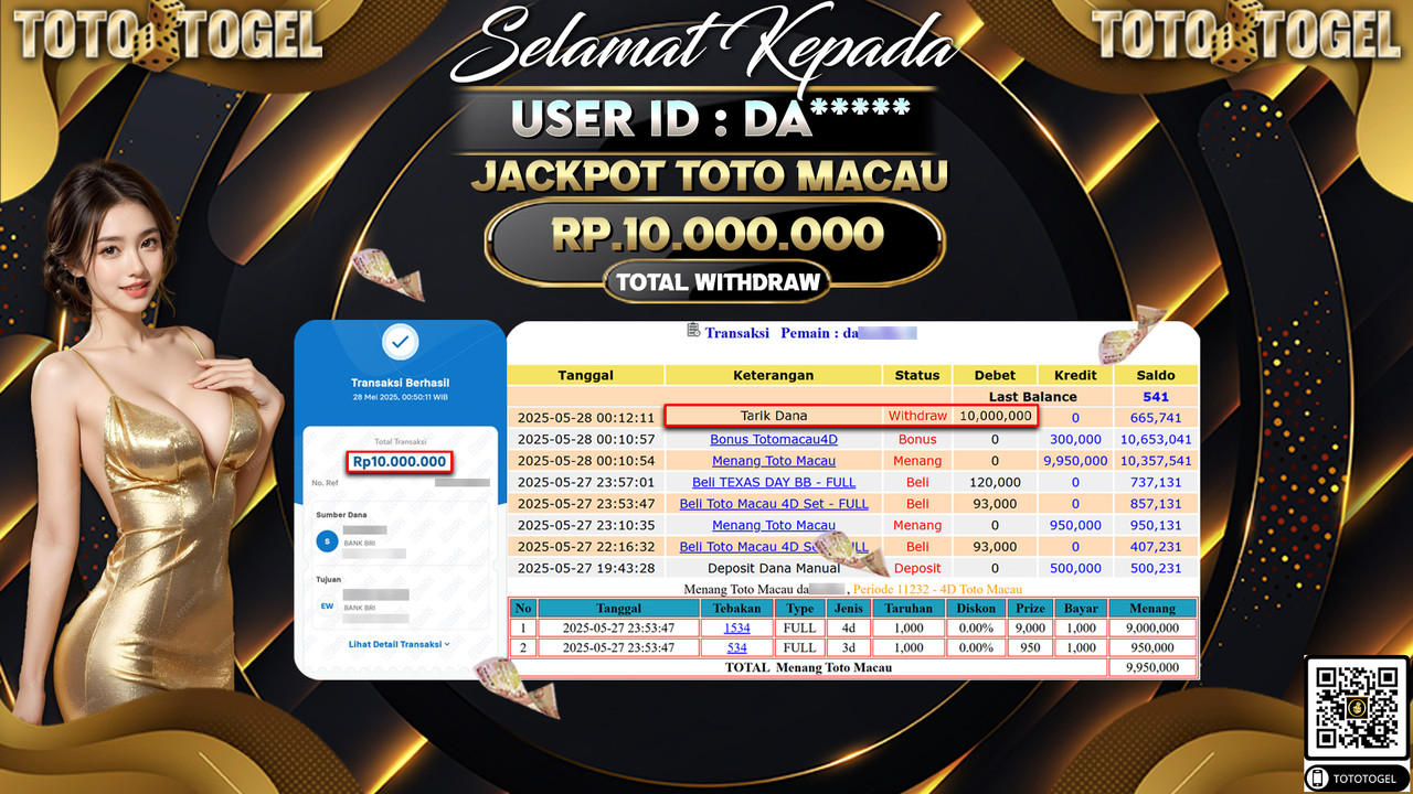 Bukti Pembayaran Jackpot Permainan Togel Toto Macau ID:DA***** LUNAS