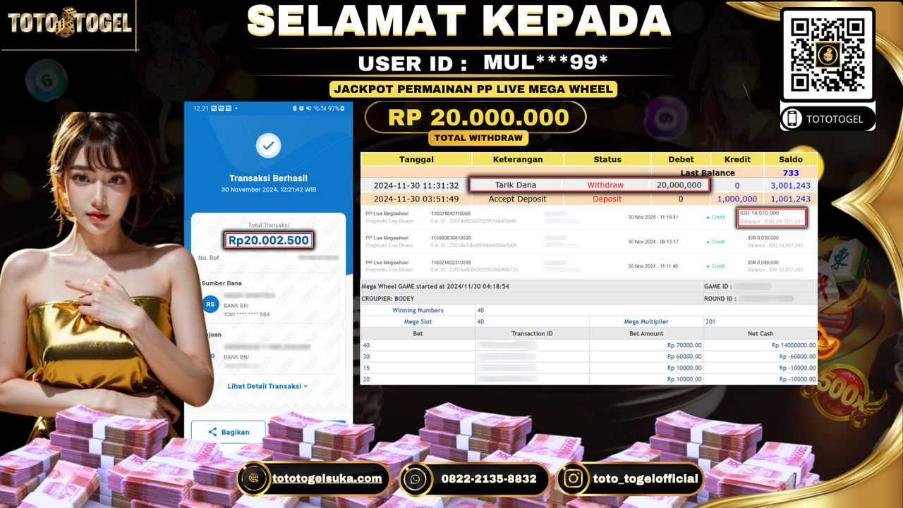 Bukti Pembayaran Jackpot Permainan Pp Live Mega Wheel ID: MUL***99** LUNAS 