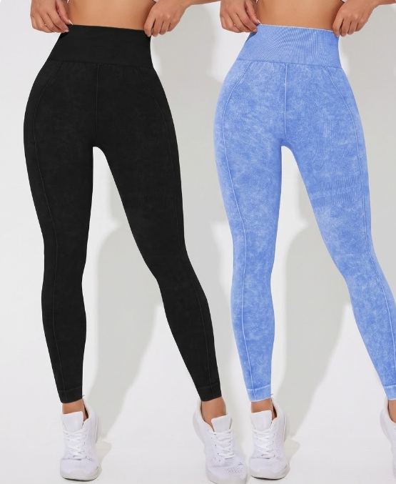 Seamless High Waisted Yoga Leggings 2 PCS Solid Black and Sand Washed Blue Size S Moisture Wicking Activewear