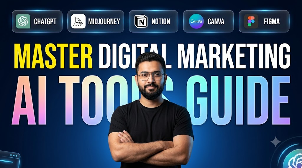 AI-generated example result for the youtube-thumbnail prompt: Master Digital Marketing Thumbnail – AI Tools Guide (ChatGPT, Midjourney, Canva) AI YouTube Thumbnail Prompt