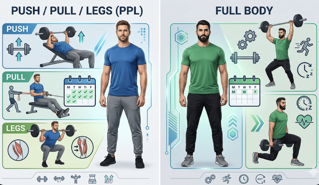 Side-by-side comparison of push pull legs vs full body routines with exercise illustrations, illustrating workout split comparison