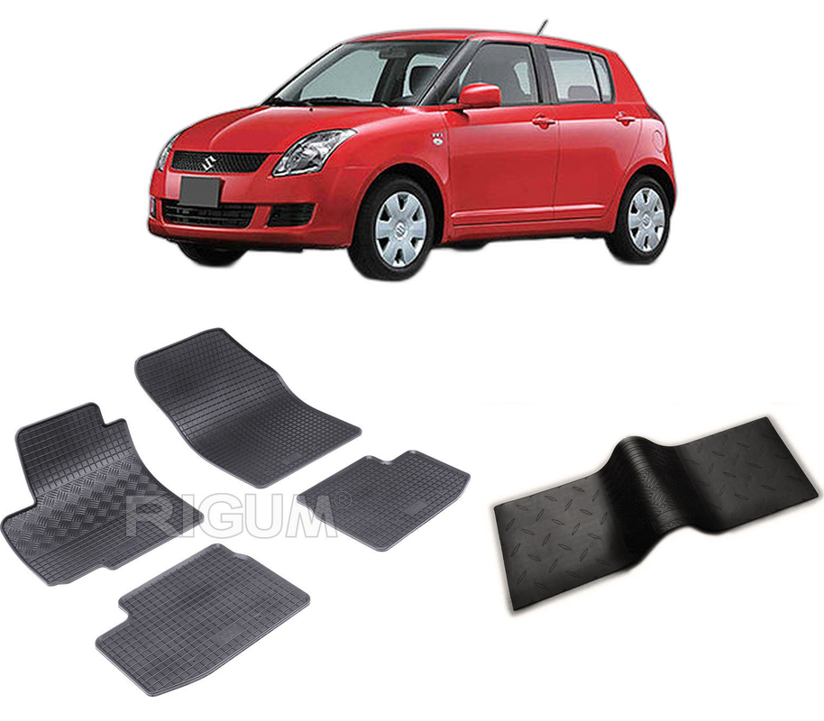 Set covorase auto SUZUKI SWIFT din 2005-08.2010, cu covoras tunel median, CAROSERIE HATCHBACK, Presuri cauciuc 100%, compatibil cu autoturismul SUZUKI SWIFT, Rigum