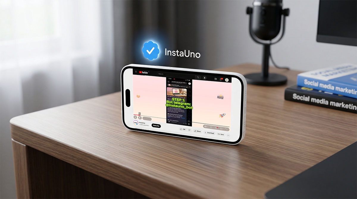 Schermo di un iPhone che riproduce un video tutorial su YouTube riguardante un bot di Telegram per Instagram.