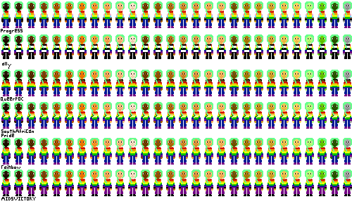 a row of people with pride flag shirts and green hair