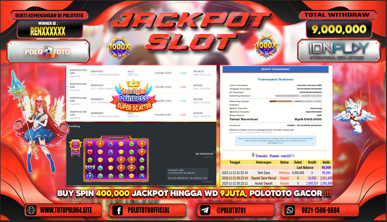 POLOTOTO JACKPOT SLOT STARLIGHT PRINCESS SUPER SCATTER Rp.9.000.000,- LUNAS