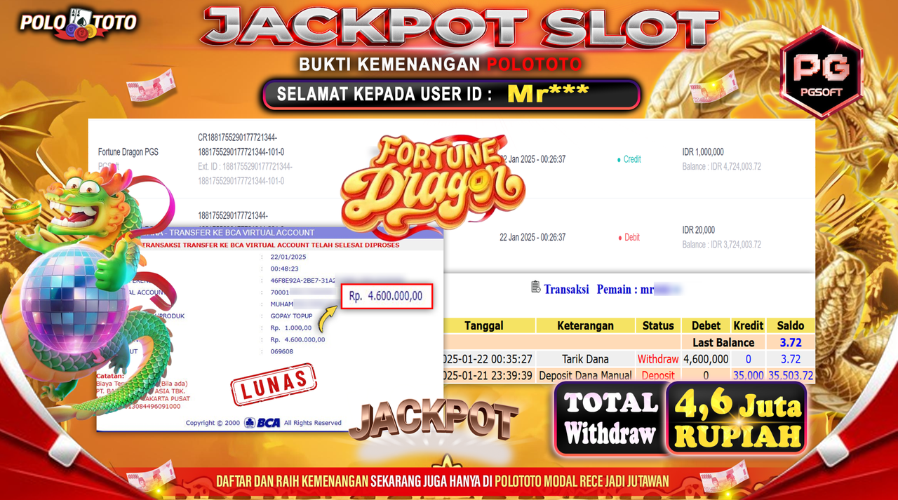 POLOTOTO JACKPOT SLOT FORTUNE DRAGON PGS Rp.4,600.000,-