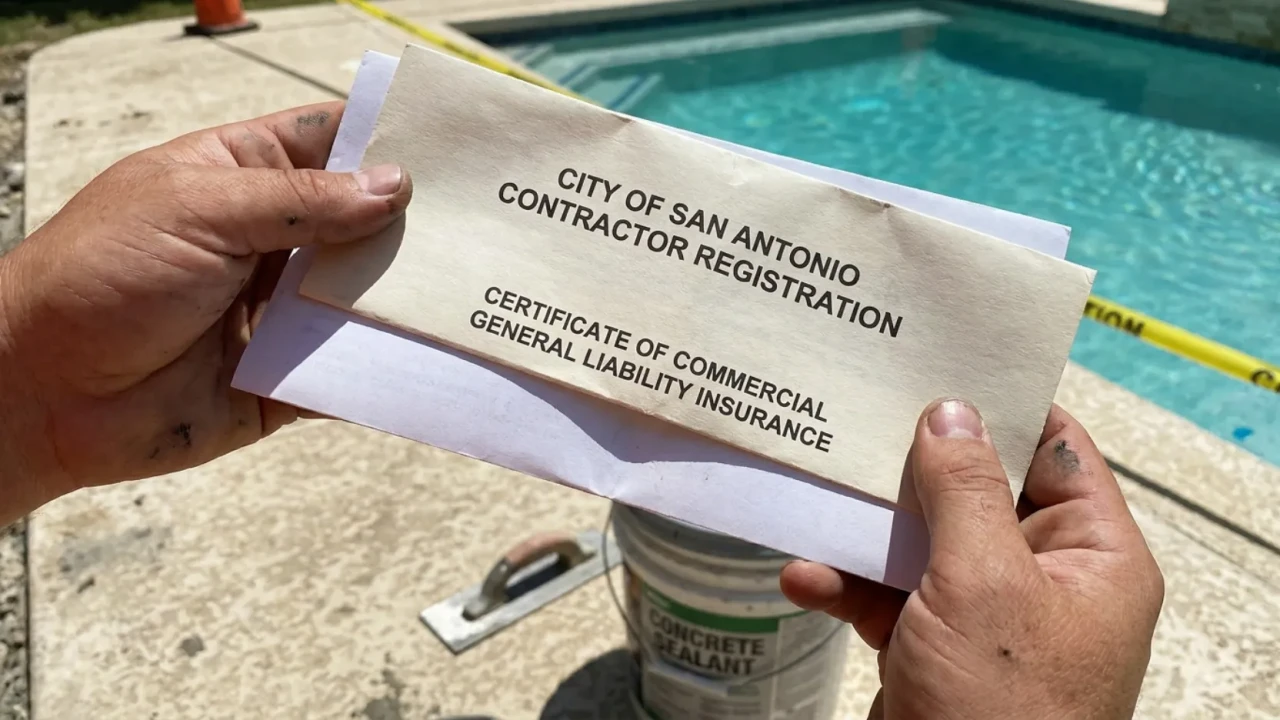 Pool deck repair contractor San Antonio verifying license and insurance documents