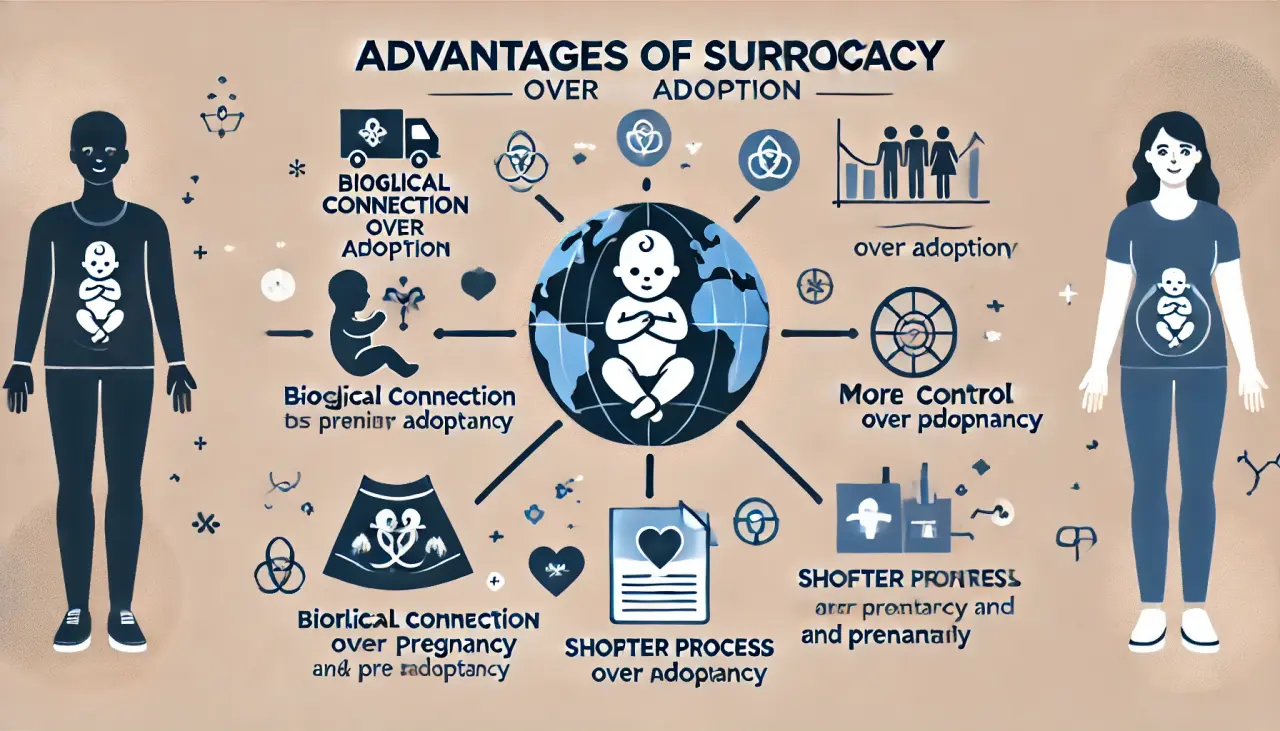 Infographic highlighting the advantages of surrogacy over adoption, including biological connection, shorter timeline, and more control over pregnancy.