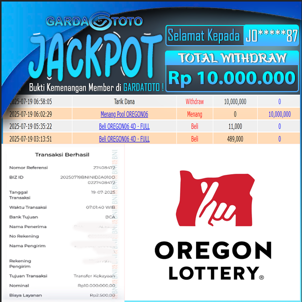 JACKPOT DI PERMAINAN  TOGEL OREGON 06 WD Rp 10.000.000,- DIBAYAR LUNAS GARDATOTO MANTAP !