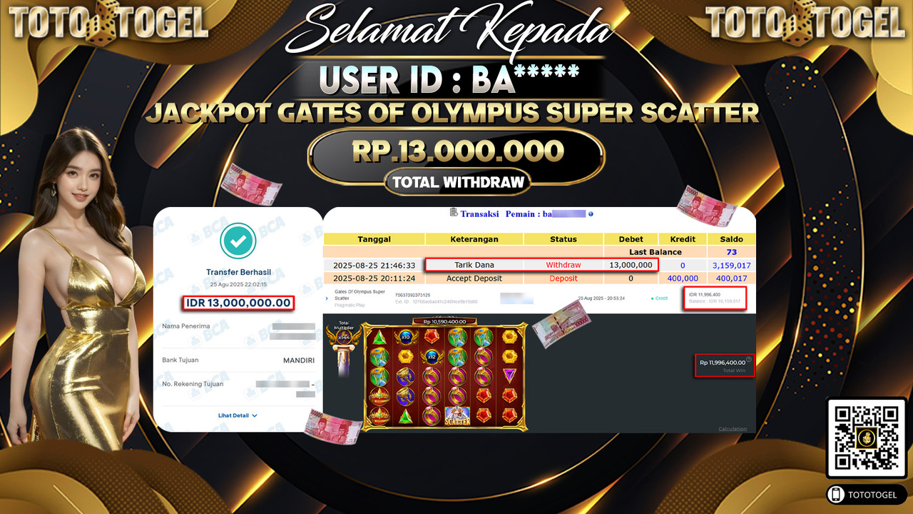 Bukti Pembayaran Jackpot Permainan Slot Gates Of Olympus Super Scatter ID:BA***** LUNAS