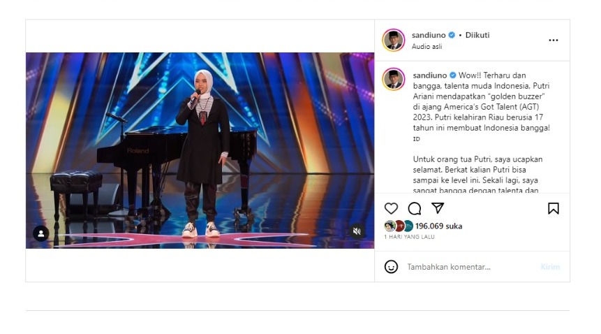 Sandiaga Uno mengaku bangga atas prestasi Putri Ariani yang berhasi mendapatkan Golden Buzzer di ajang pencarian baka, America's Got Talent.