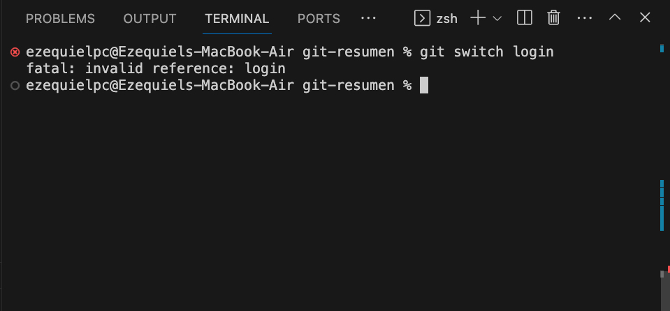 Ejecucion git switch login Eliminacion de ramas
