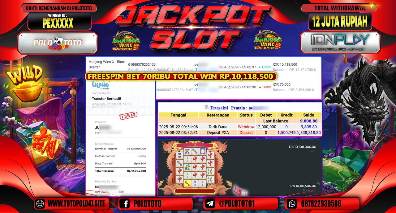 POLOTOTO JACKPOT SLOT MAHJONG WINS 3-BLACK SCATTER Rp.12.000.000,-