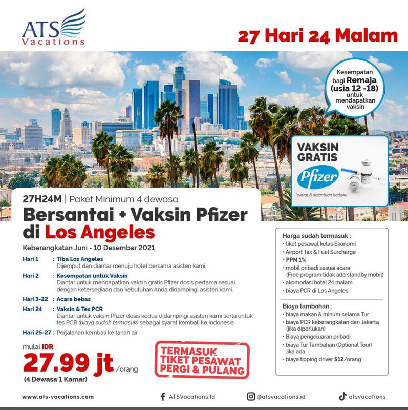 Paket wisata vaksin ke Amerika Serikat dari ATS Vacations.