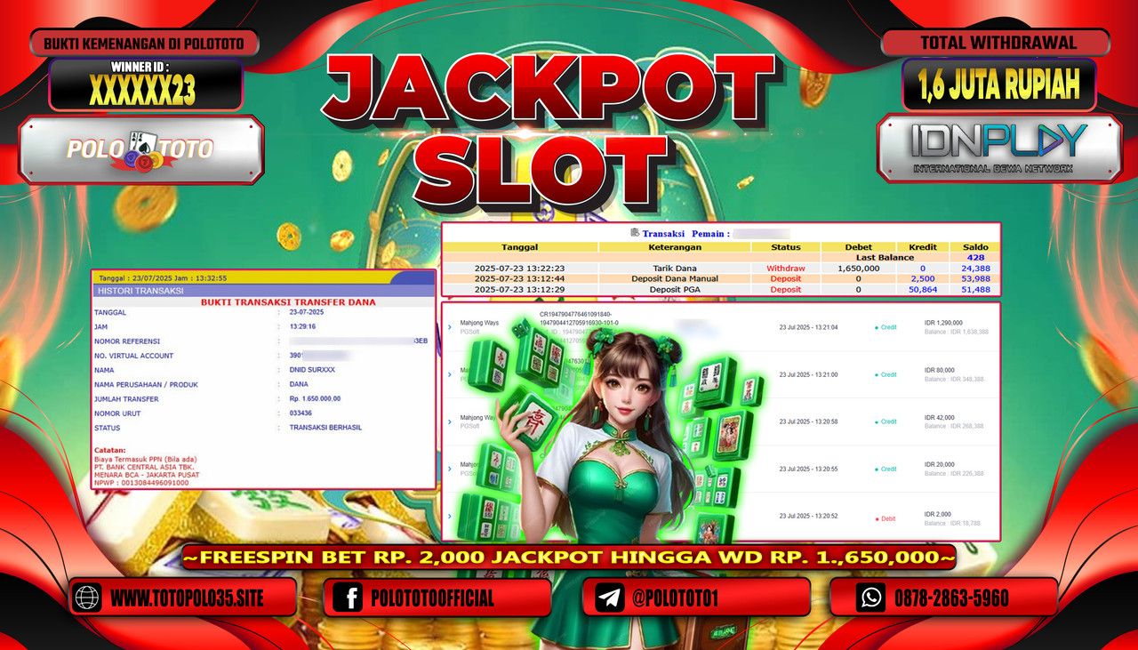 POLOTOTO JACKPOT SLOT MAHJONG WAYS Rp.1.600.000,- LUNAS