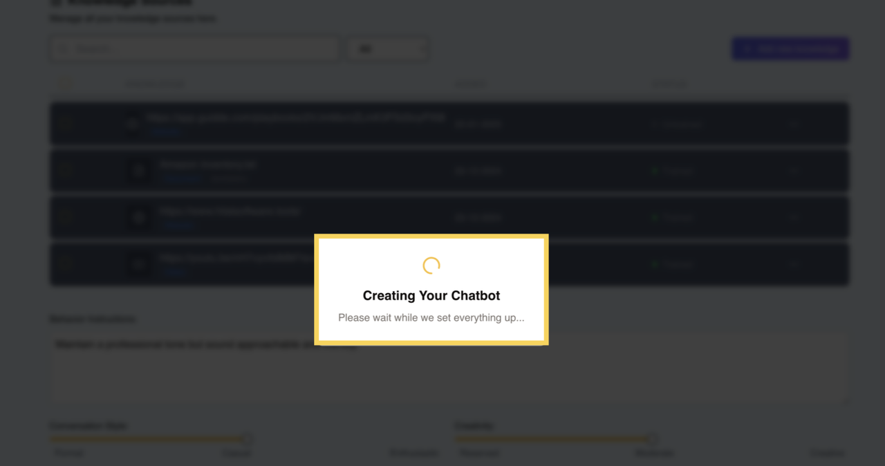 After clicking Save Changes, the system processes all the configurations you’ve set, such as appearance and basic settings, to create a fully customized chatbot that reflects your preferences and requirements.