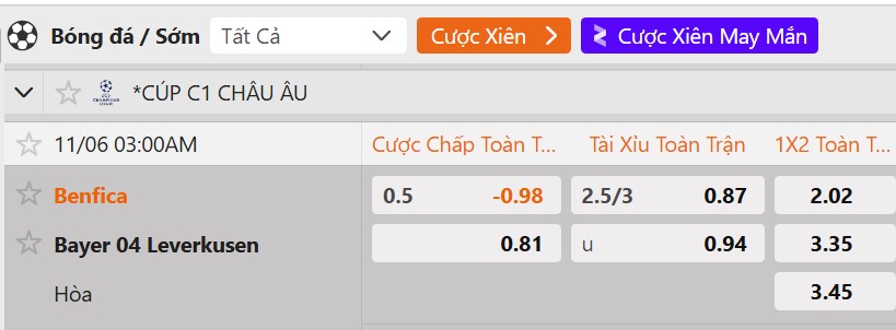 Tỷ lệ kèo Benfica vs Leverkusen