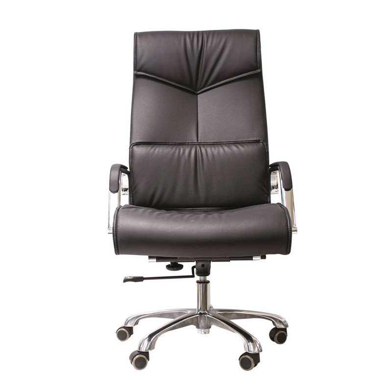 Sillón ejecutivo con respaldo alto y asiento de piel sintética negra, brazos integrados y base con ruedas.