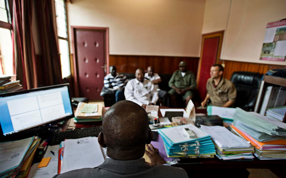 Law enforcement officials confiscating elephant tusks