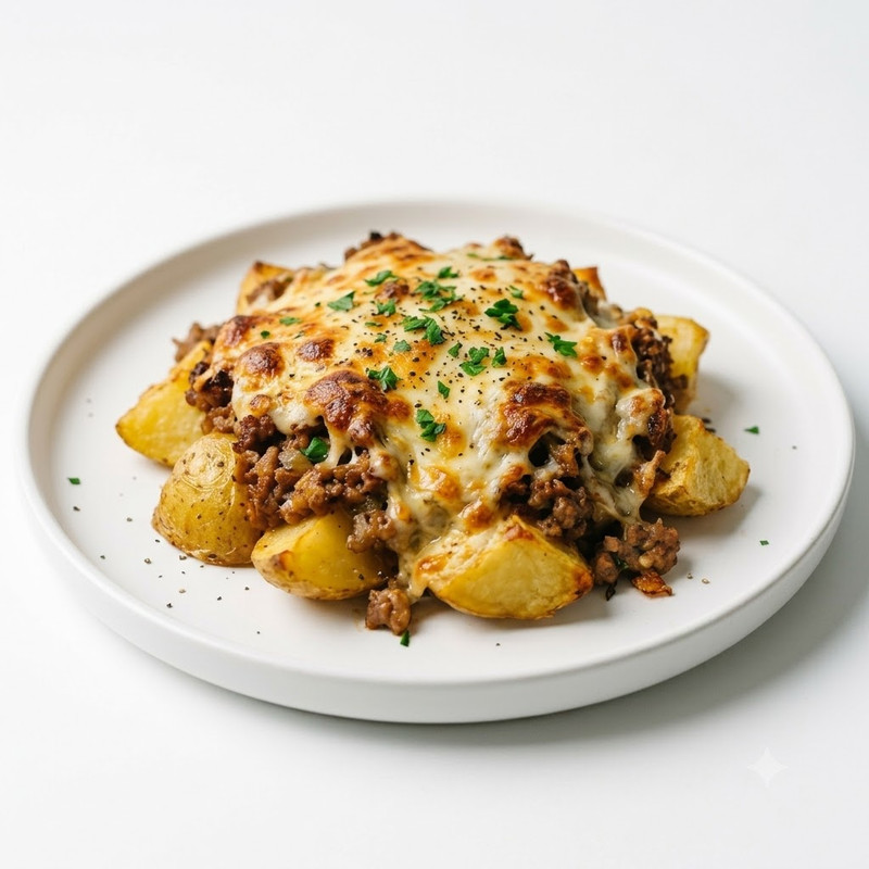 Patatas Con Carne Mixta Y Queso Al Horno