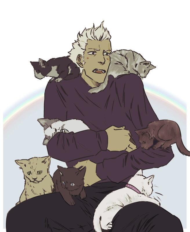 sketch of Brady covered in kittens.