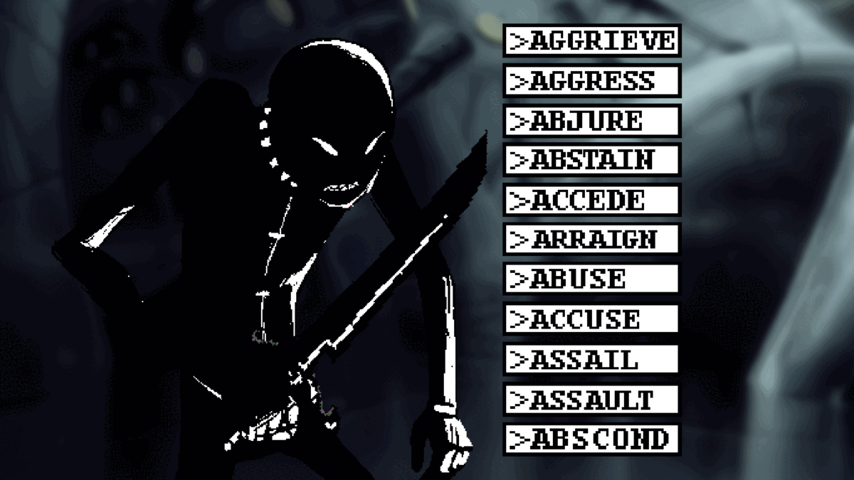 Jack Noir (Base form), holding the regisword, is hunched over in a battle stance of slight annoyance. To the right of him lies black-outlined boxes reading "AGGRIEVE," "AGGRESS," "ABJURE," "ABSTAIN," and so on. "AGGRIEVE" flashes with a dark red.