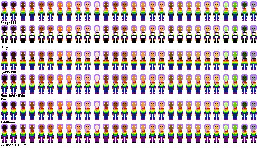 a row of people with pride flag shirts and purple hair