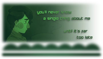 a drawing of protag from knuckle sandwich by me. it is completely forest green with lyrics from the song "bleed magic" by idkhow on it. it matches with the top image
