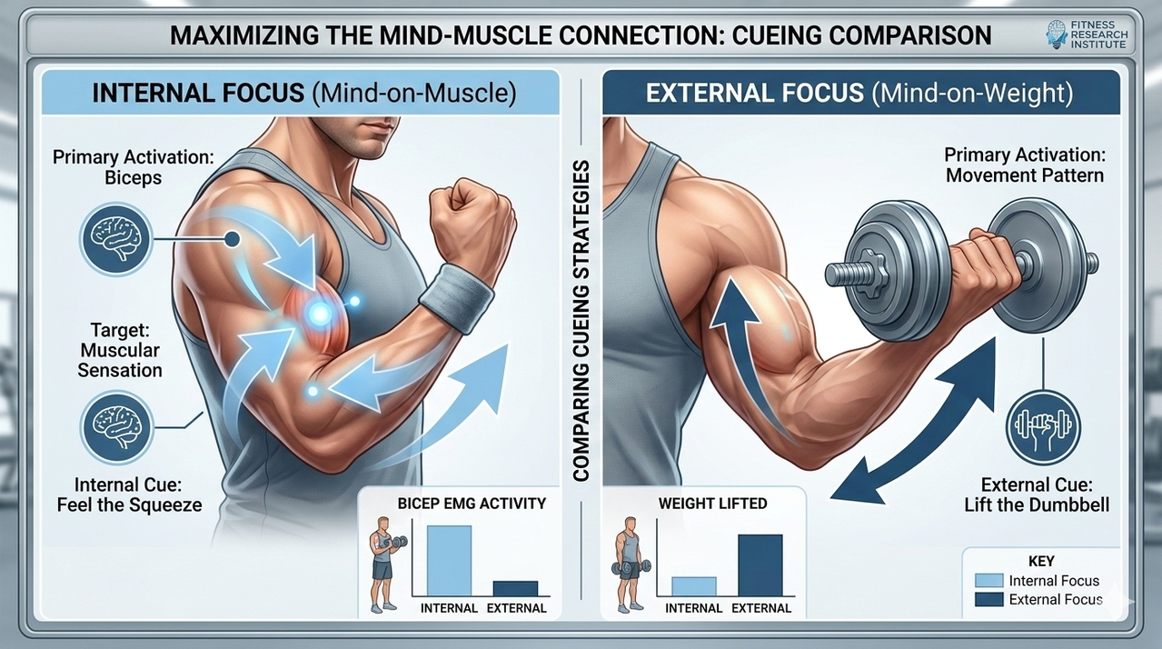 Chart showing 12% vs 7% bicep growth from mind-muscle connection study for mind-muscle connection and how to feel every rep