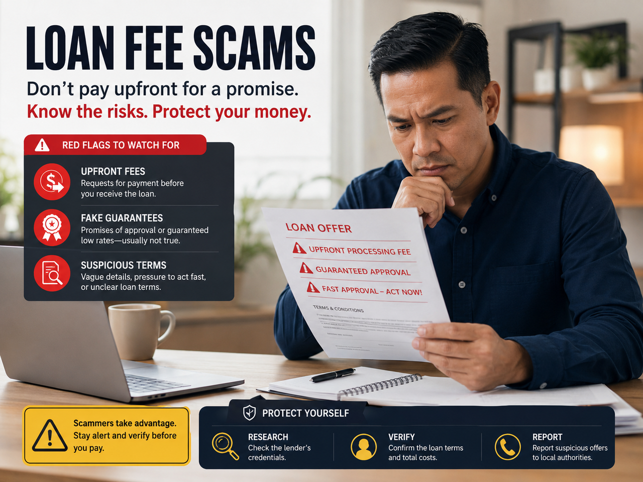 Loan fee scam warning showing red flags and upfront payment risks