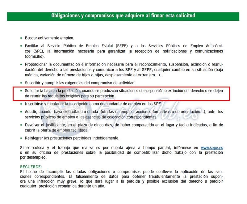 Obligaciones y compromisos que se adquirían al firmar la solicitud de prestaciones del SEPE, entre ellas la de solicitar la baja de la prestación cuando se encuentre empleo.