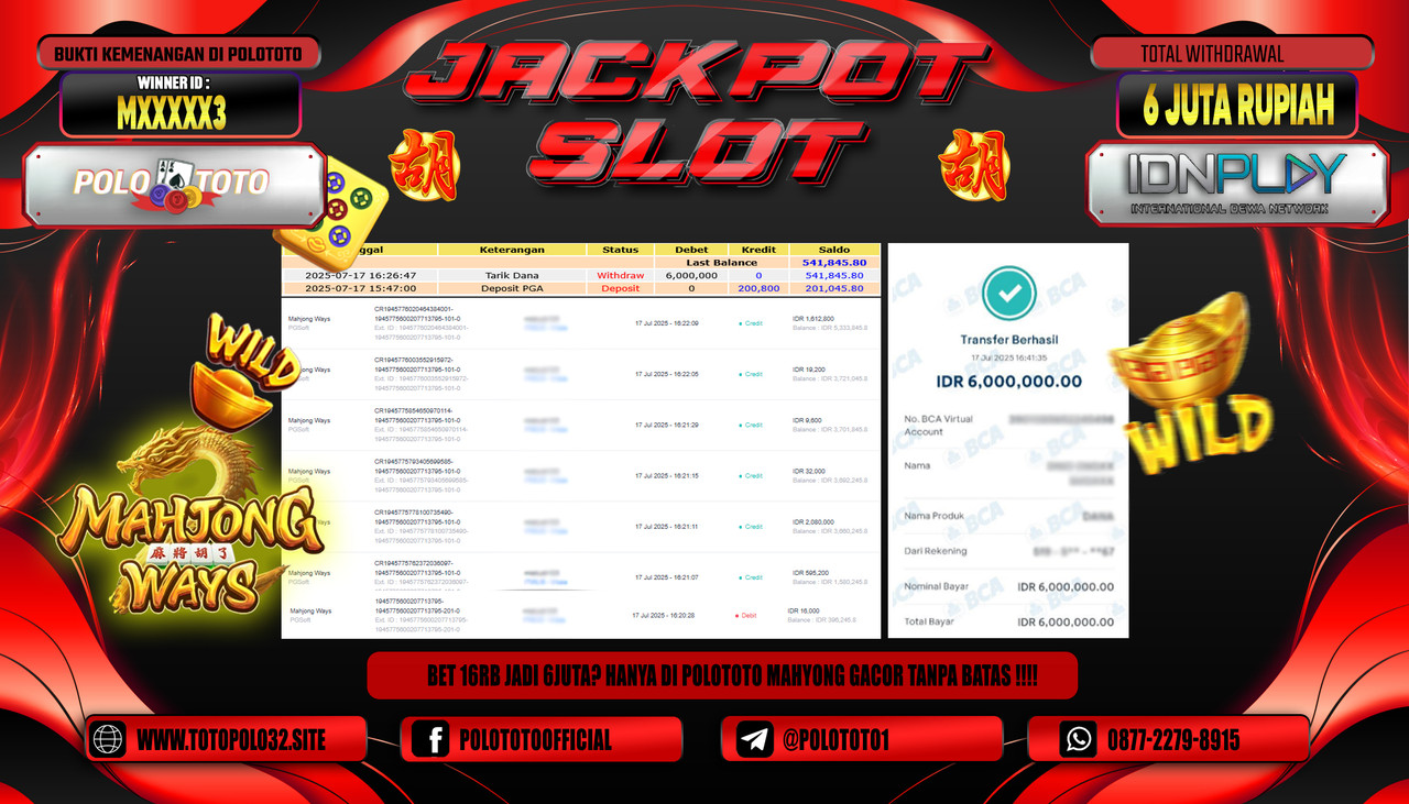 POLOTOTO JACKPOT SLOT MAHJONG WAYS Rp.6.000.000,- LUNAS