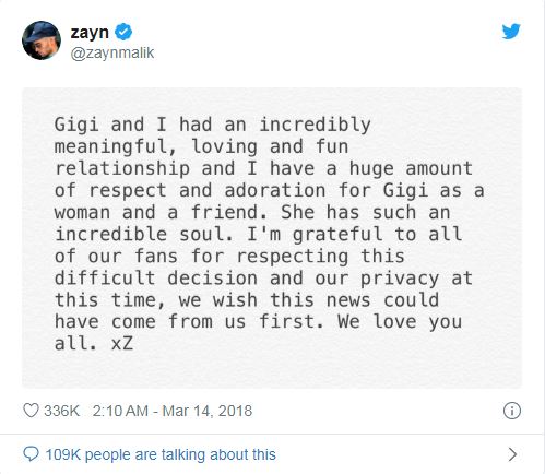 Unggahan putus Zayn
