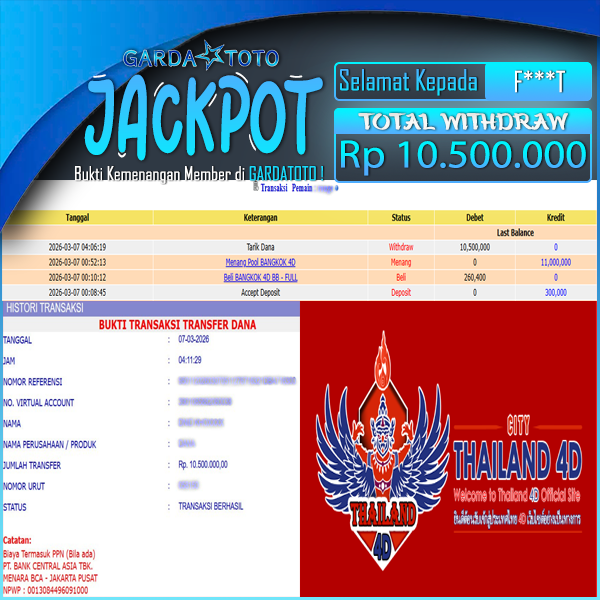 JACKPOT TOGEL DI PASARAN BANGKOK 4D WD Rp 10.500.000,- DIBAYAR LUNAS!!!