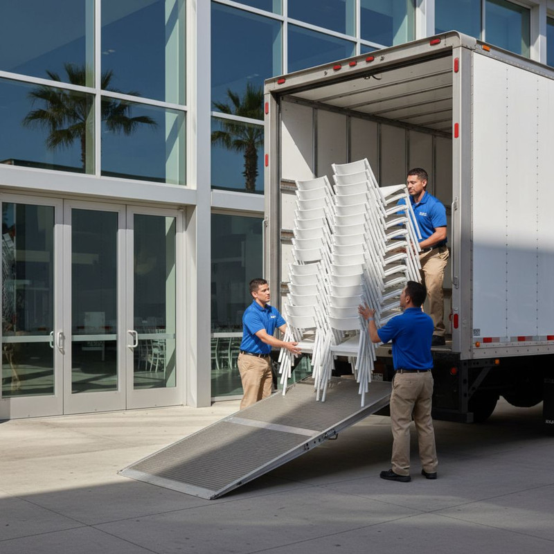 Процесс разгрузки и подготовки мебели к мероприятию: логистика и аренда стульев для организации конференц-зала.