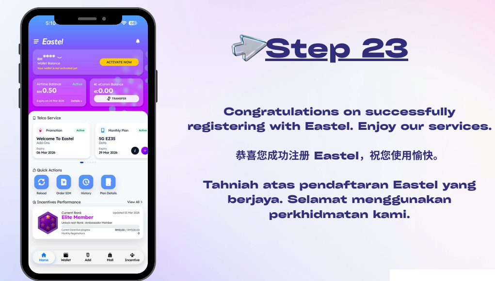 Dashboard akaun Eastel selepas berjaya login