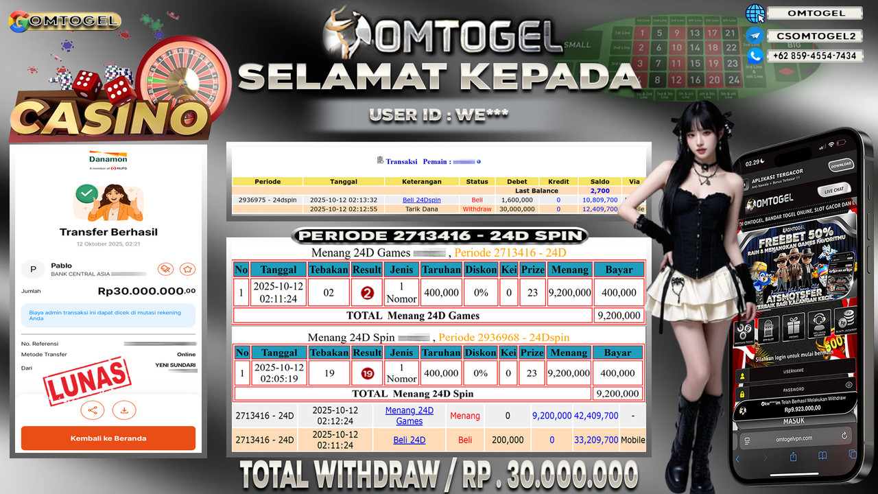 OMTOGEL JACKPOT LIVE GAMES 24D SPIN 30 JUTA DI BAYAR LUNAS ,-