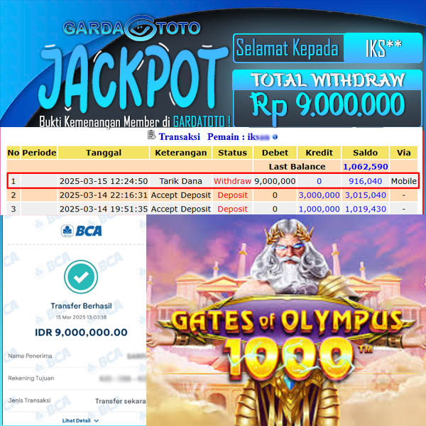 JACKPOT SLOT MAIN DI SLOT GATES OF OLYMPUS 1000 WD Rp 9.000.000,- DIBAYAR LUNAS GARDATOTO MANTAP !