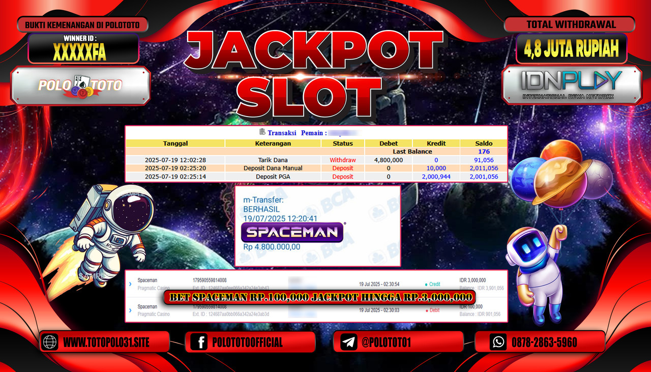 POLOTOTO JACKPOT SLOT SPACEMAN Rp.4.800.000,- LUNAS