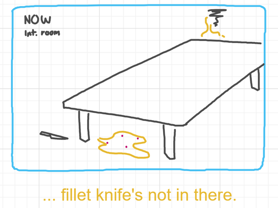A panel from A Murder On The, episode six of the Board Boards object show by Furretwalk/WalkingFurret.