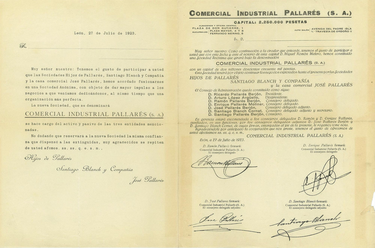 Documento de creación de Industrial Pallarés en 1923.