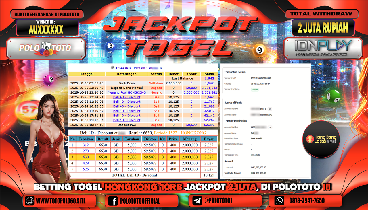 POLOTOTO JACKPOT TOGEL MENANG HONGKONG LOTTO Rp.2.000.000,- LUNAS