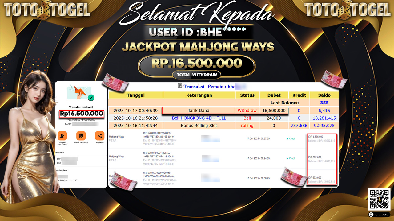 Bukti Pembayaran Jackpot Permainan Slot Mahjong Ways  ID:BHE**** LUNAS