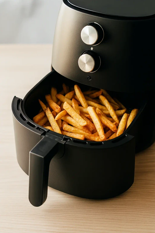 Nahaufnahme von knusprigen Speisen aus der Heißluftfritteuse