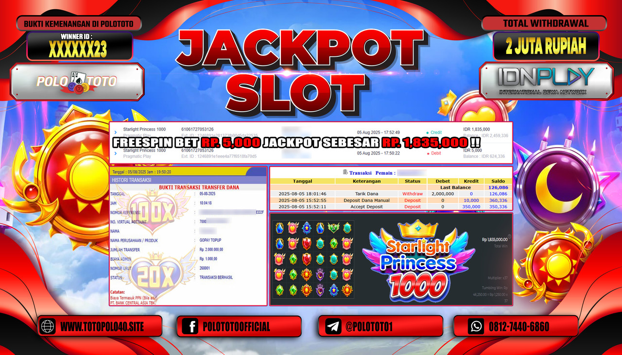 POLOTOTO JACKPOT SLOT STARLIGHT PRINCESS 1000 Rp.2.000.000,-LUNAS