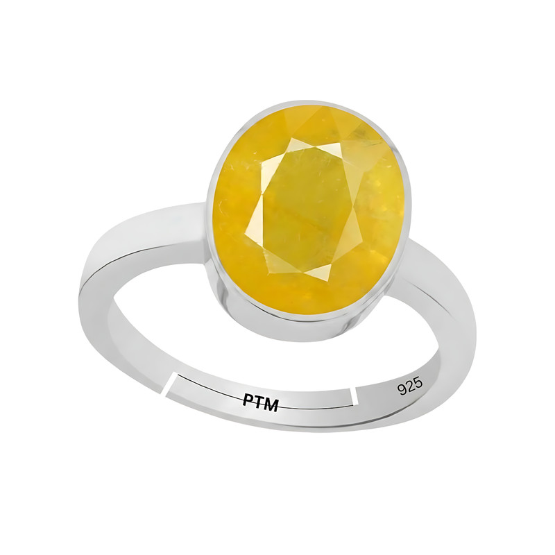 PTM 925 Sterling Silver Yellow Sapphire (Pukhraj) 3.25 to 10.25 Ratti or 3.00 to 9.50 carat Astrological Gemstone Bis Hallmark Adjustable Ring for Men & Women