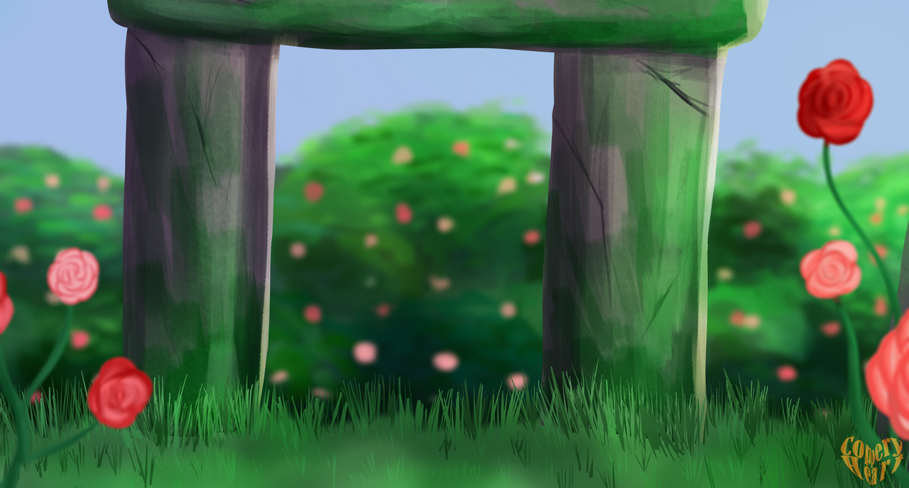 Old stone structure surrounded by green rose bushes.