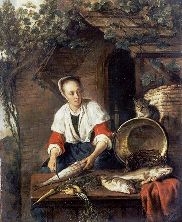 1-Gabriel-Metsu-Woman-cleaning-a-fish-with-a-cat